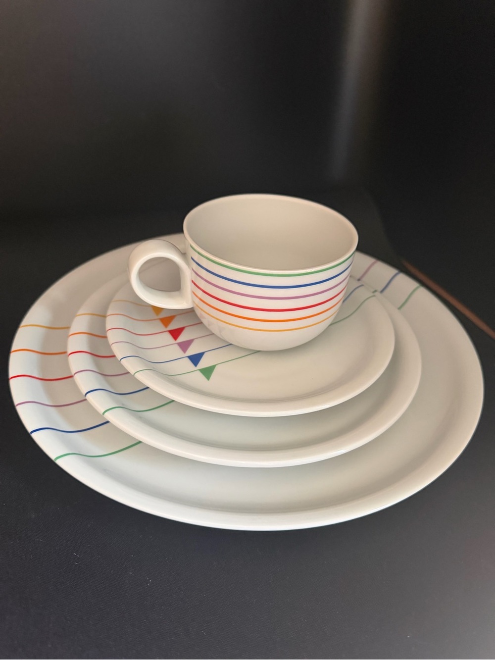 Vista Alegre White Porcelain Dinnerware with Rainbow Stripe Accents